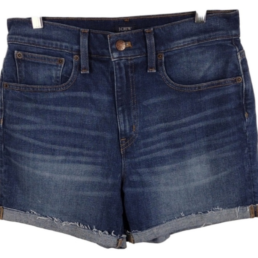 J. Crew Blue Medium Wash High Rise Five Pocket Zip Up Cuffed Raw Hem Jean Short